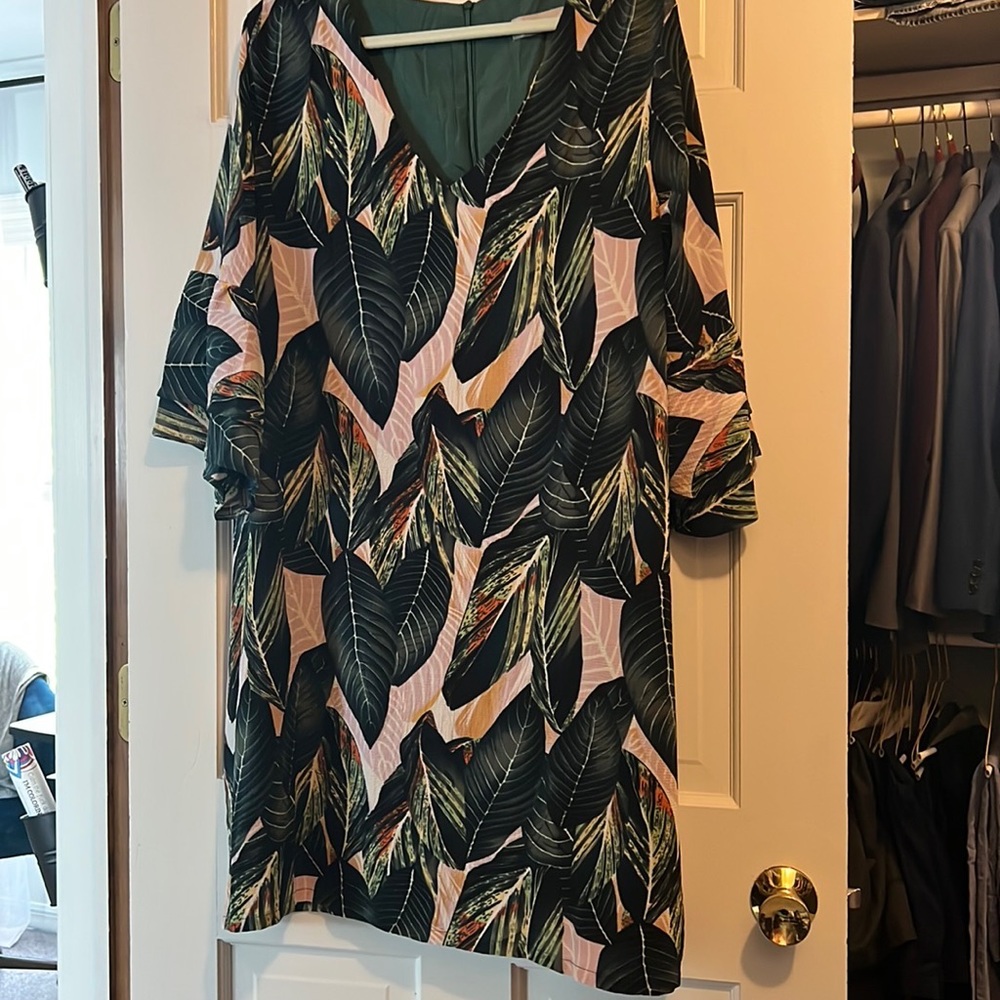 Tropical green and pink Leaf Dress with 3/4 flare arms